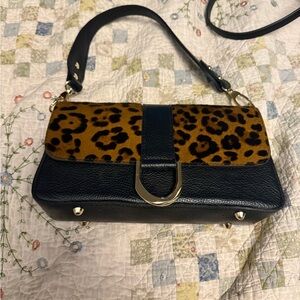 Leopard Print Flap Satchel Handbag in Black and Brown with crossbody strap